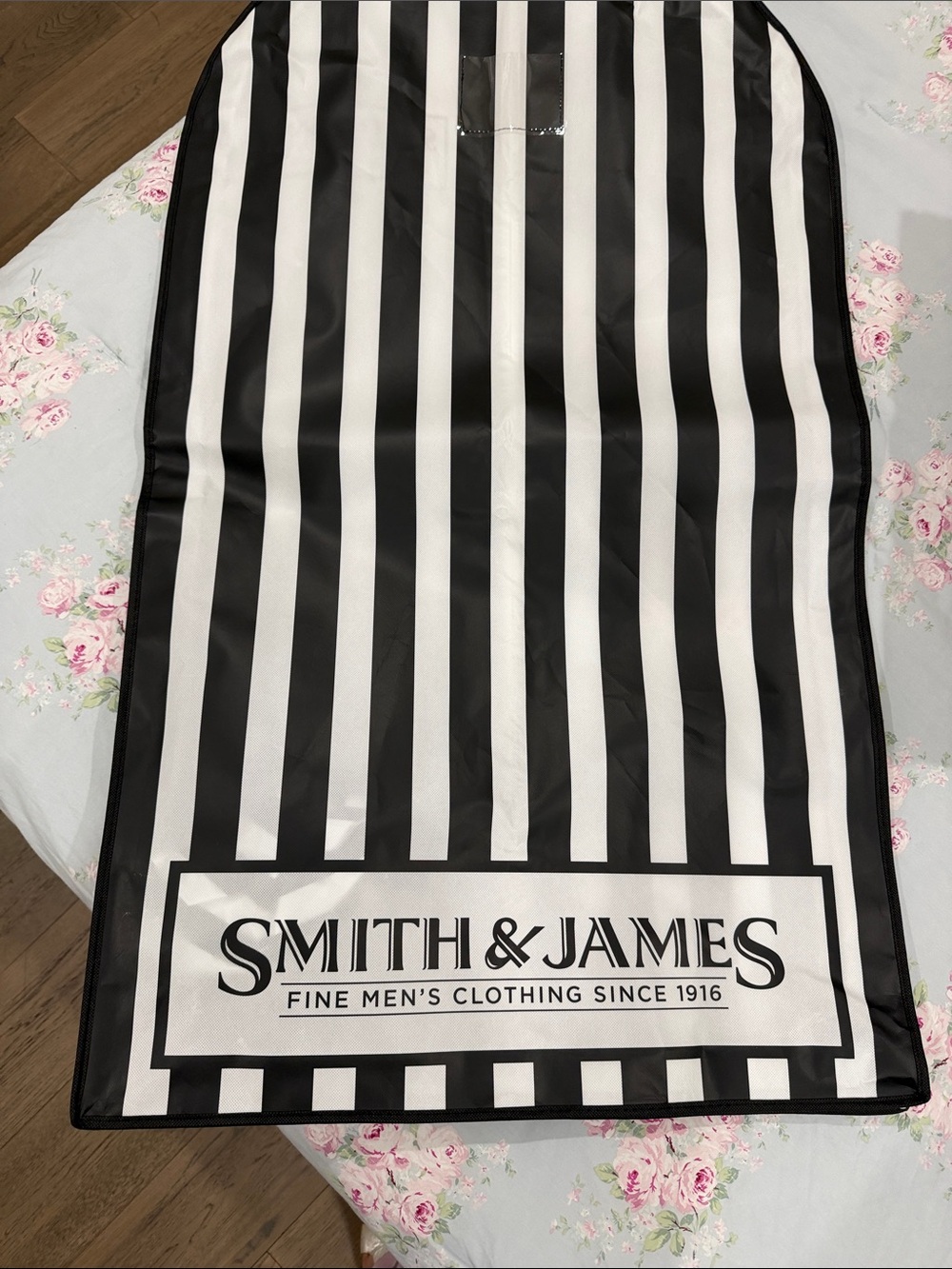 Smith & James Black and White Striped Garment Bag